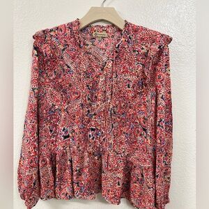 Democracy Shirt Womens S Red White Floral Flower Blouse Casual Bohemian Peasant